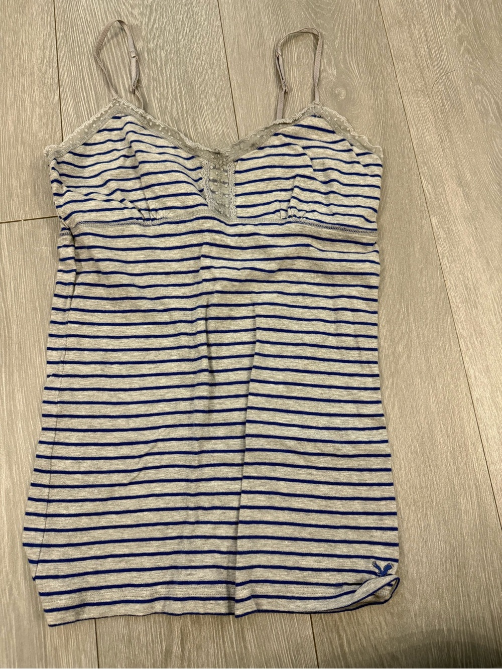 American Eagle Outfitters Gray, Silver and Blue Striped Lace-Trim Cami